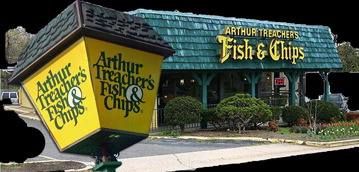 Arthur Treacher’s Fish and Chips restaurant exterior with iconic yellow and green signage and a vintage lantern sign.