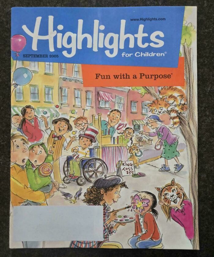 Highlights for Children magazine cover from 2005 featuring nostalgic cartoon street scene with kids and face painting.