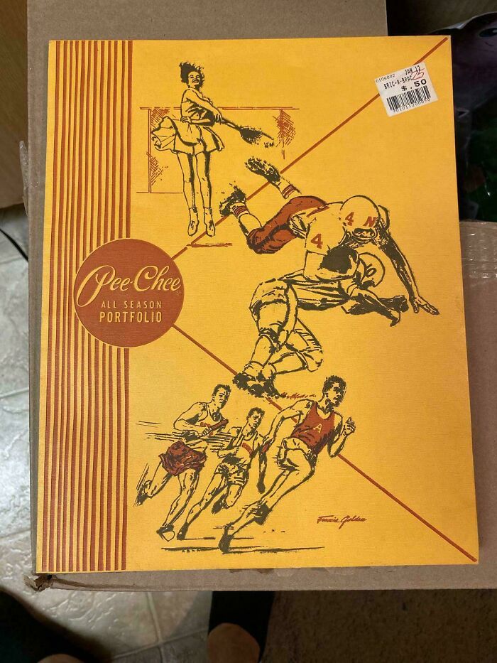 Vintage Pee-Chee All Season Portfolio cover featuring drawn athletes in football, basketball, cheerleading, and track in nostalgic style.
