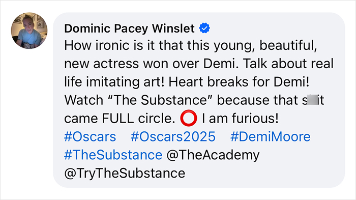 Text post expressing outrage over Oscar Best Actress win, supporting Demi Moore. Text post expressing outrage over Oscar Best Actress win, supporting Demi Moore.