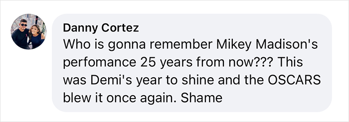 Comment criticizing Mikey Madison's Oscar win over Demi, sparking outrage among fans. Comment criticizing Mikey Madison's Oscar win over Demi, sparking outrage among fans.