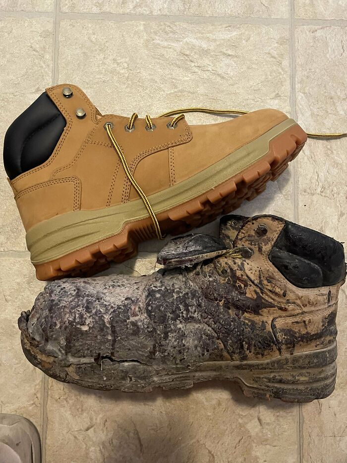 New boot compared to an old, worn-out boot, illustrating things used over time.