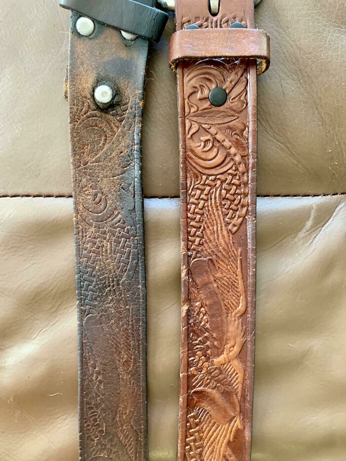Two leather belts showing usage over time; one aged and worn, the other newer with distinct embossed patterns.