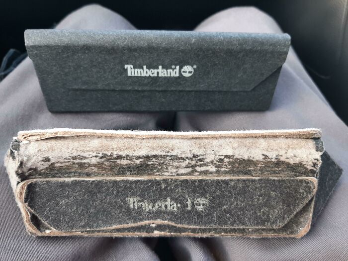 Two Timberland cases, one new and one worn out, illustrating items used over time.