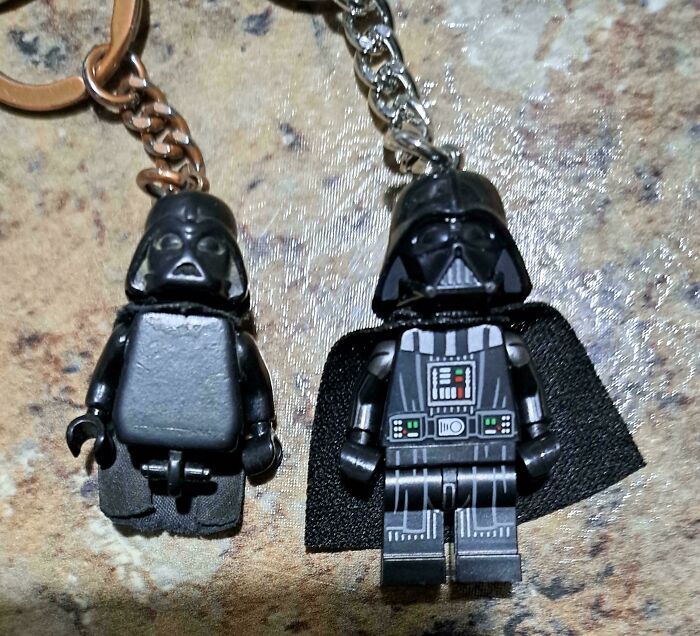 Two Darth Vader keychains highlight the concept of time vs. things, with one appearing more worn than the other.