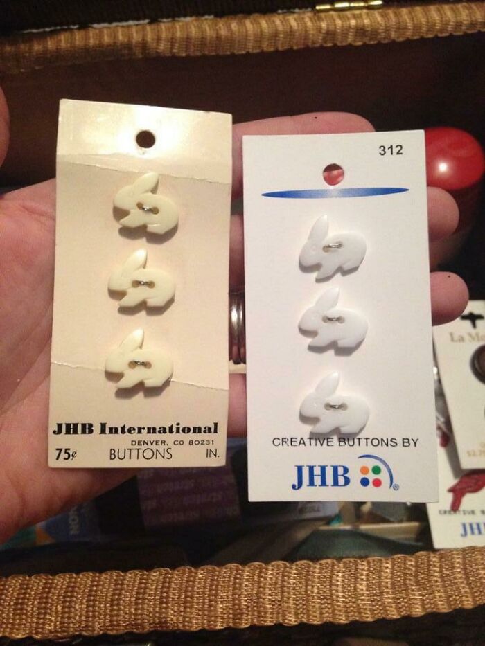 Buttons in rabbit shapes displayed on two cards with hands showcasing them.