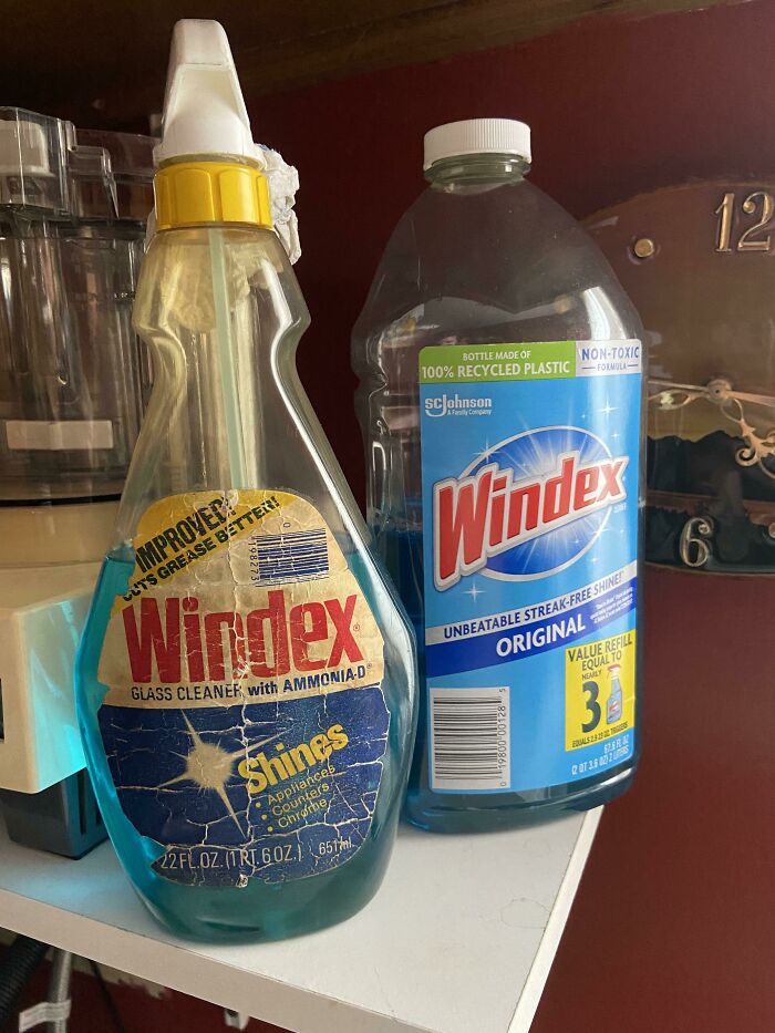 Old and new Windex bottles on a shelf illustrate time vs. things.