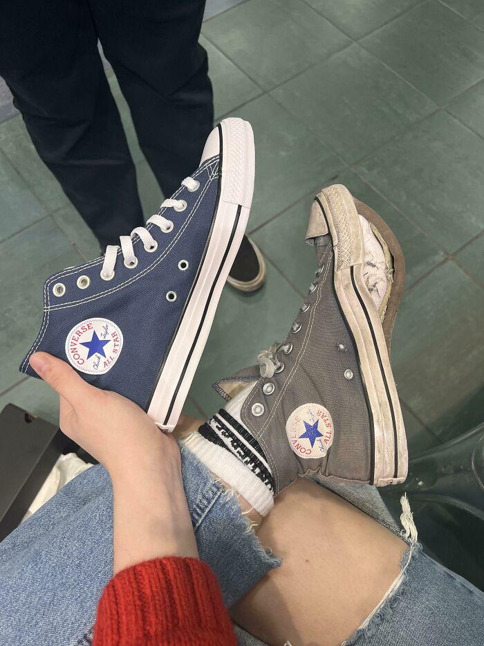 A new blue shoe compared to an old, worn shoe, illustrating time's effect on things.