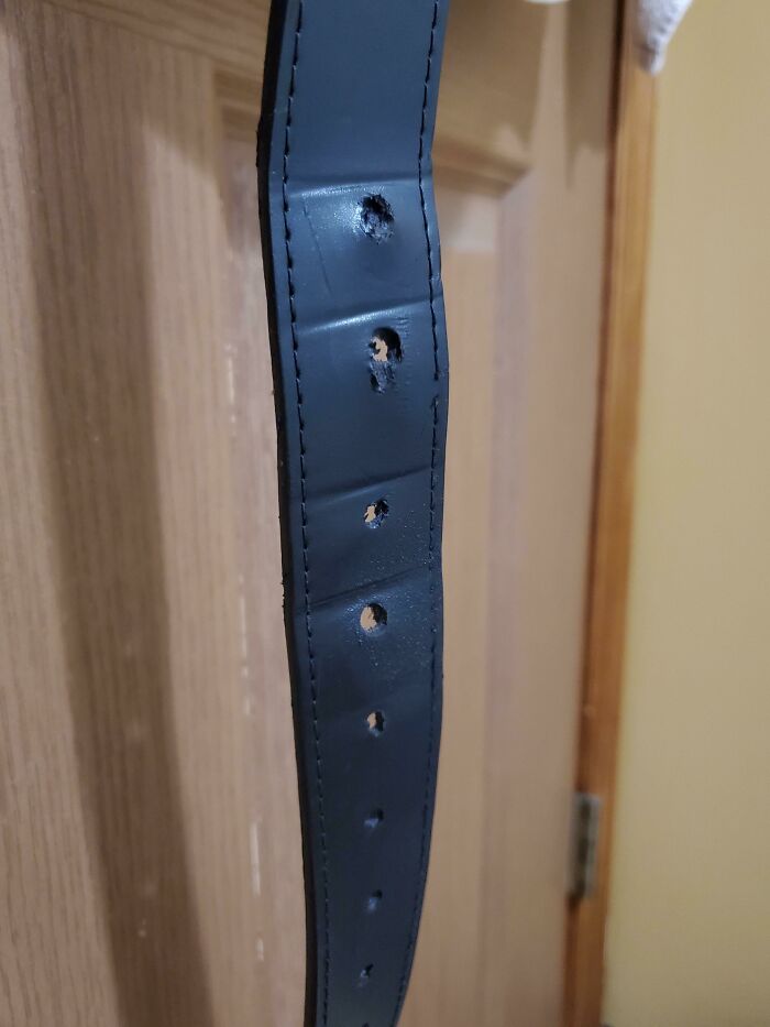 A worn leather belt with stretched holes, illustrating the effects of time on things.