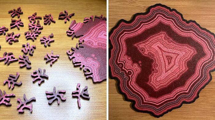 Intricate puzzle resembling a gemstone pattern on a wooden table, symbolizing a creative digital detox activity.