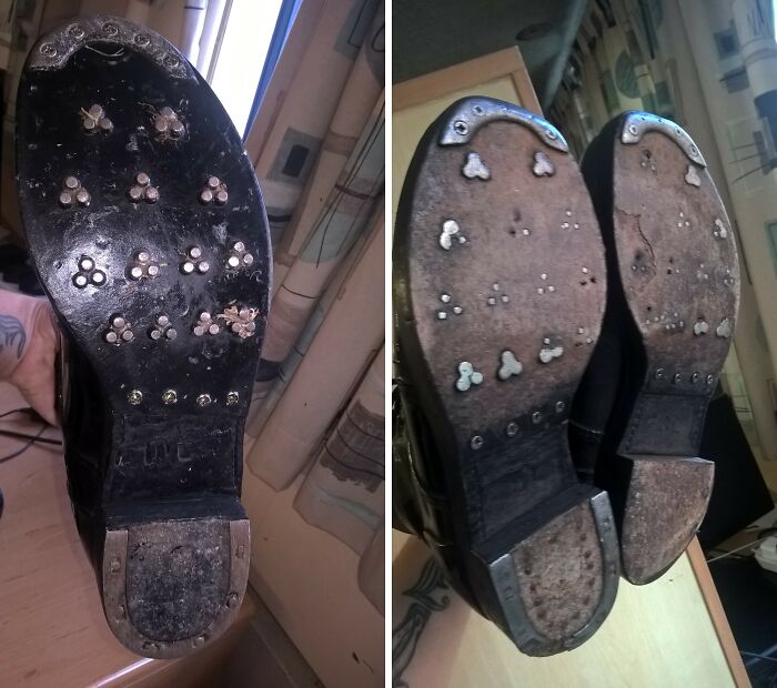 Worn shoe soles showing things used over time with metal reinforcements.