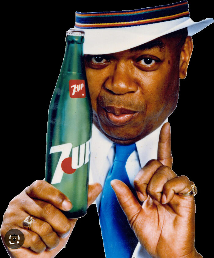 Man in vintage style holding a classic 7UP bottle, evoking nostalgic pics of people realizing they’re old now.