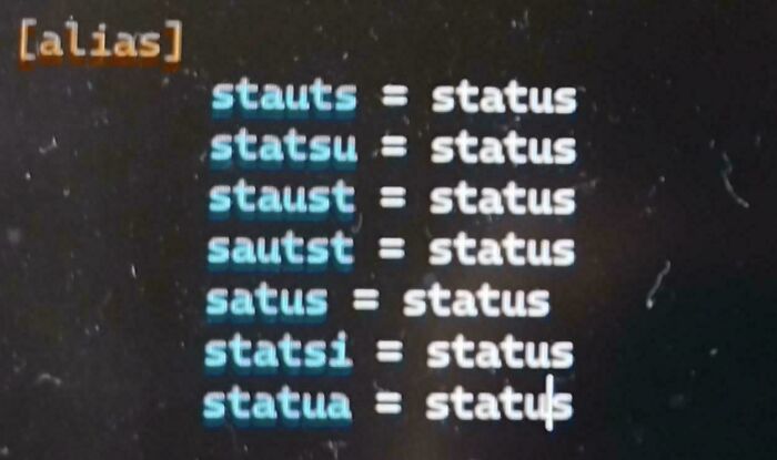 Programming meme showing various misspellings of the word status used as aliases in code and computer science humor.