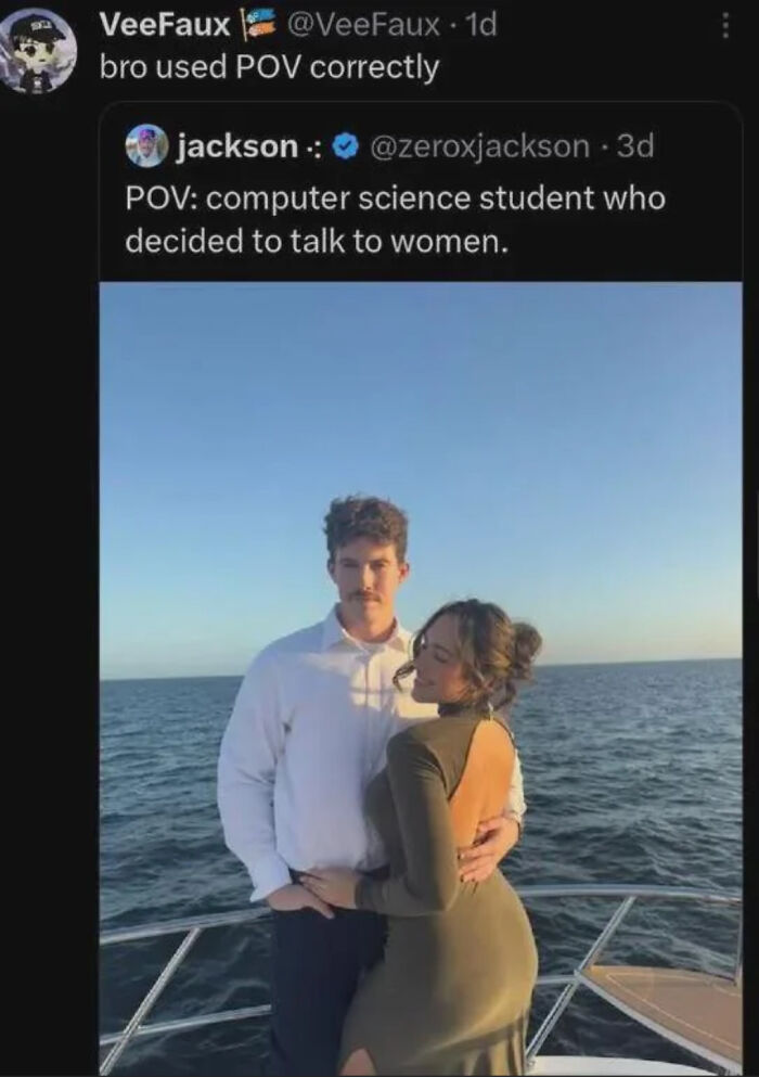 Screenshot of a programming meme showing a computer science student awkwardly talking to a woman on a boat at sunset.