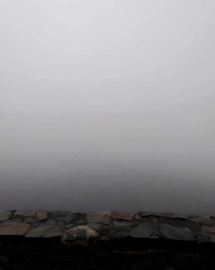 Thick fog envelops a rocky wall, illustrating nature's powerful and terrifying presence.