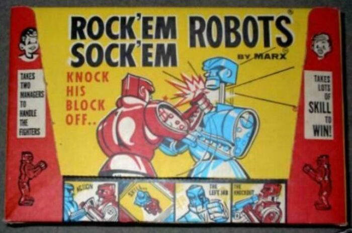 Vintage Rock'em Sock'em Robots toy box with red and blue fighting robots, a nostalgic classic from old childhood toys.