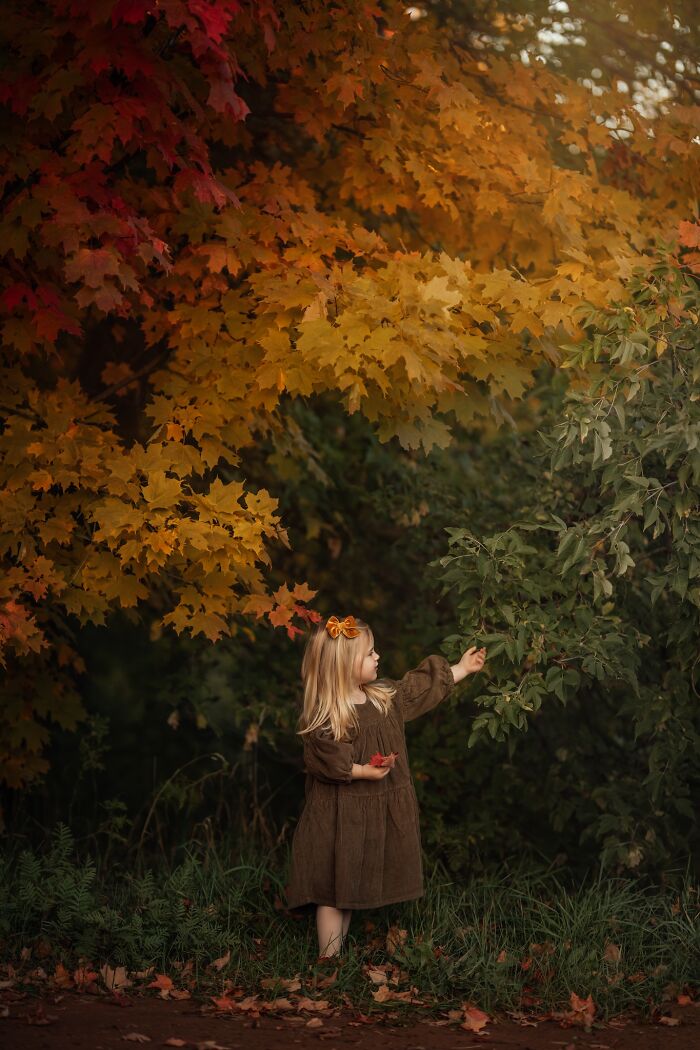 Childhood magic captured as a girl in a dress reaches for autumn leaves, surrounded by vibrant fall colors.