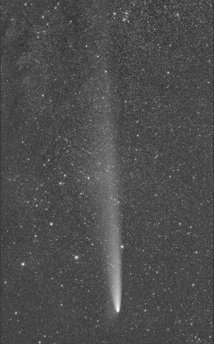 Astrophotography capturing a comet's tail against a star-filled night sky.