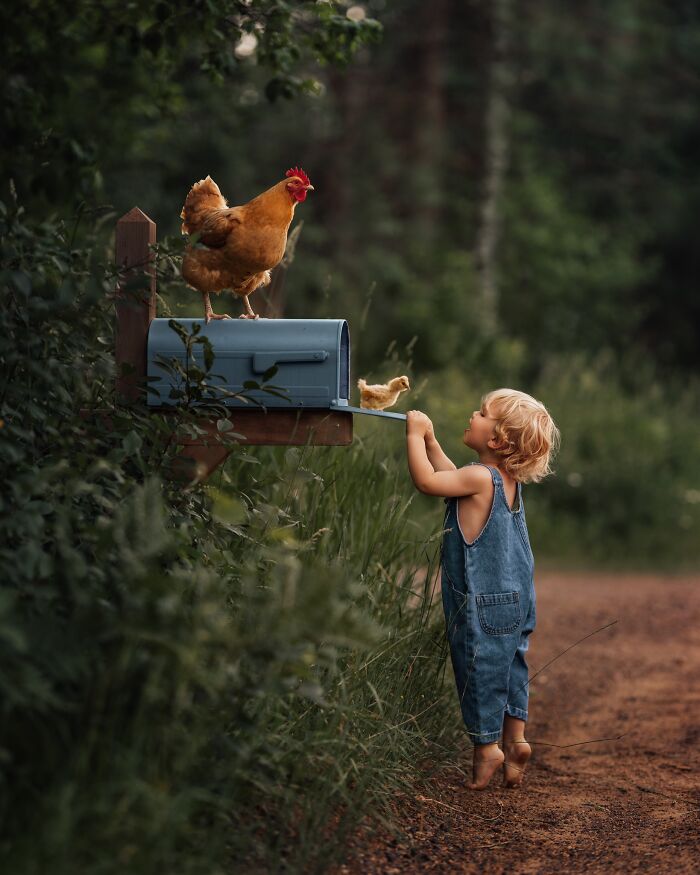 A child in denim overalls watches a hen and chicks on a mailbox, capturing the magic of childhood.