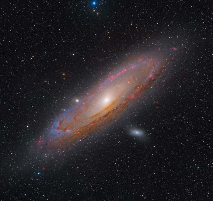 Astrophotography showcasing a stunning view of the Andromeda galaxy surrounded by countless stars in the night sky.