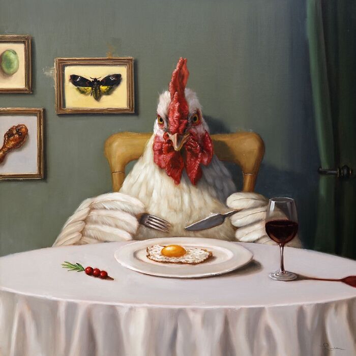 Chicken dining with cutlery, egg on plate, and wine glass; a charming and funny animal painting by Lucia Heffernan.