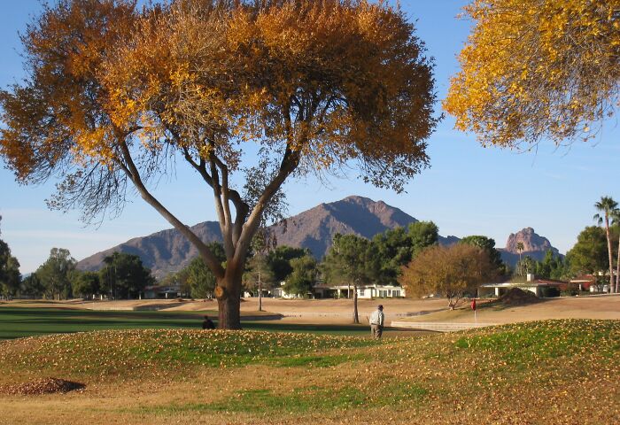 Golfers playing on a breathtaking course with a mountain backdrop and autumn trees.