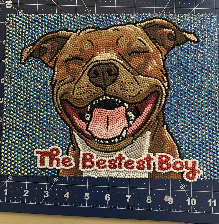 DIY project featuring bead art of a happy dog with "The Bestest Boy" text.