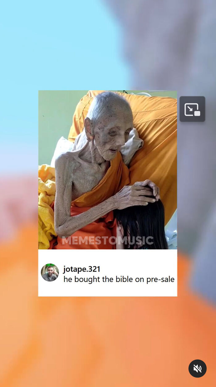 Emaciated elderly monk in orange robe placing hand on child's head, unsettling medical pics
