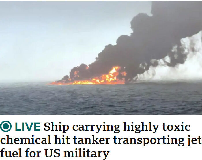 Ship on fire in the ocean with thick black smoke, illustrating a tanker accident involving toxic chemicals.