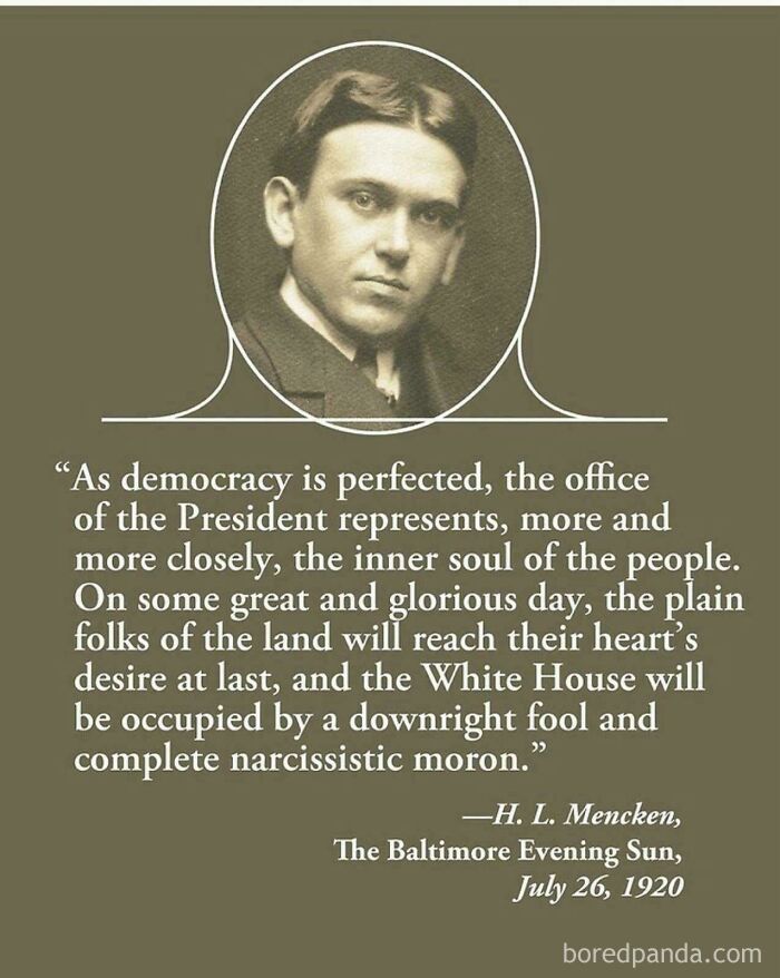 Portrait of H. L. Mencken with aged like wine accurate political predictions quote from 1920.