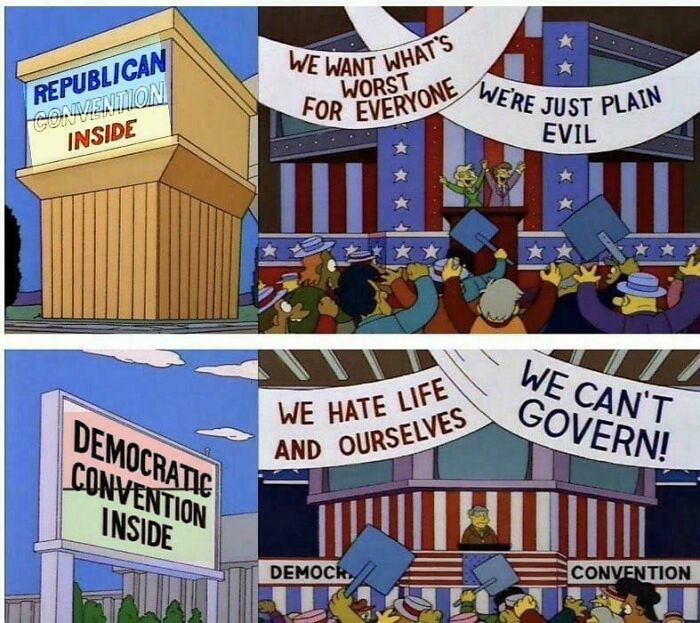 Scene from The Simpsons showing satirical political convention signs and crowds, related to accurate predictions aged like wine.