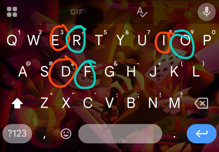 Colorful keyboard layout with highlighted letters, featuring nothing particularly interesting.