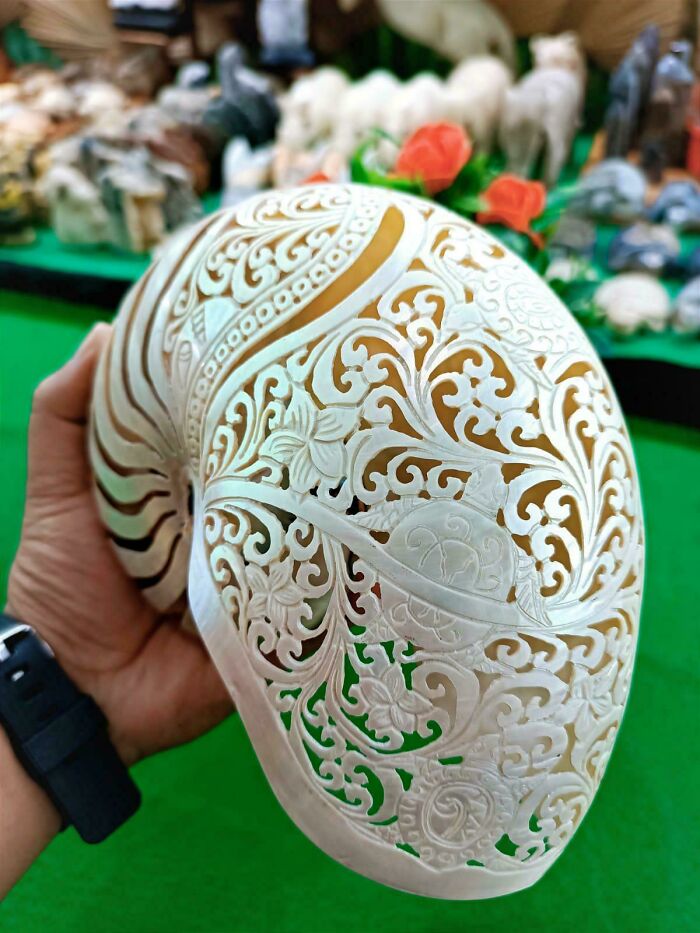 Intricate DIY project featuring detailed carved patterns on a decorative shell, held in hand.