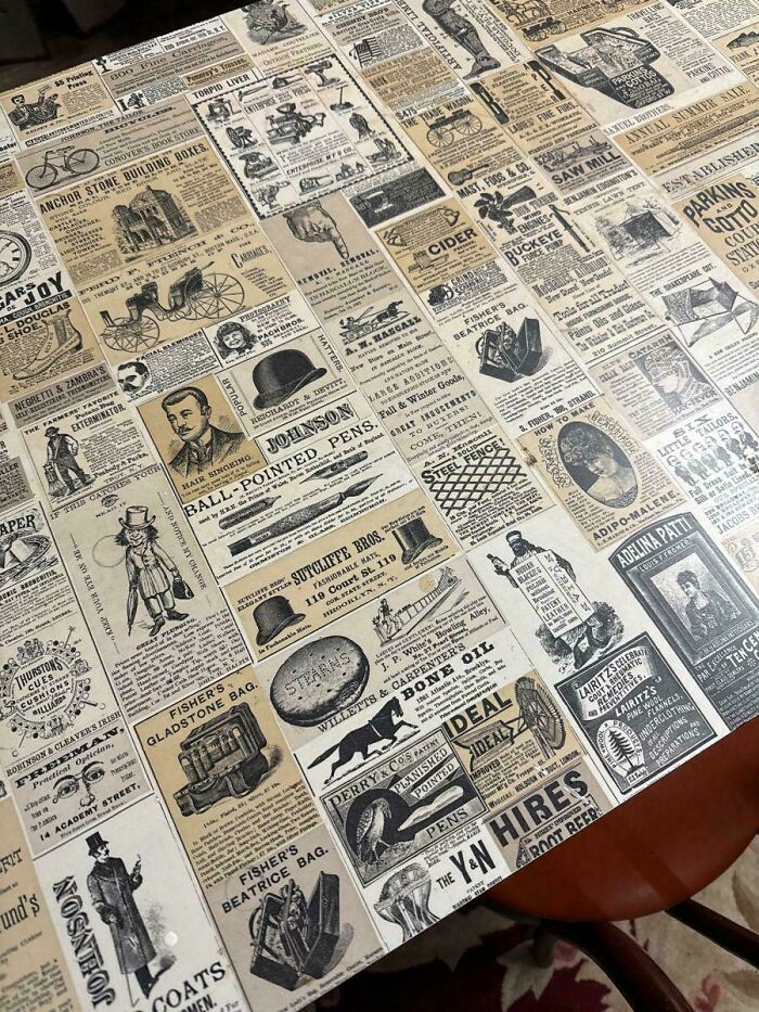 Vintage nostalgic ads and illustrations arranged on a table, evoking memories and feelings of being old now.