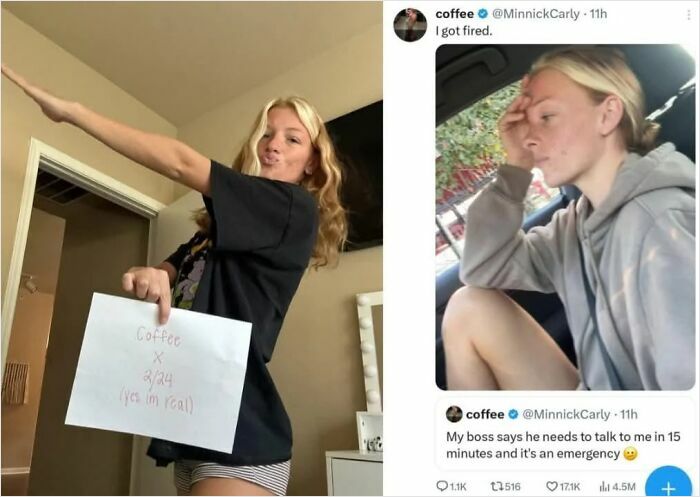 Person holding a sign in a playful pose; social media post beside with caption about getting fired, highlighting an attempt.