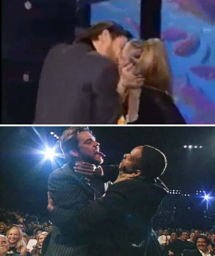 Two scandalous award show moments with celebrities sharing unexpected on-stage kisses, surprising the audience.