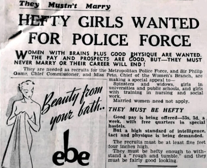 Vintage advertisement humorously recruiting hefty women for police work with headline about career obstacles if married.