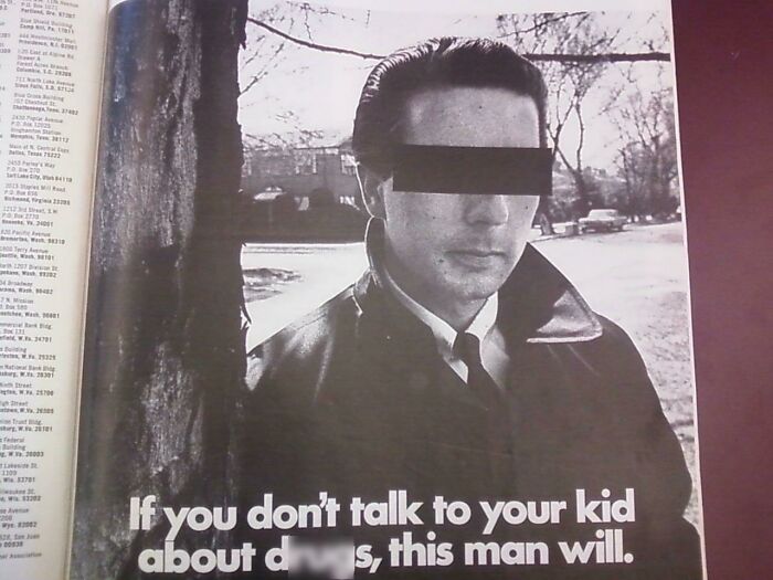 Black-and-white ad with a man in a suit, eyes covered, featuring text about parental guidance on d***s.
