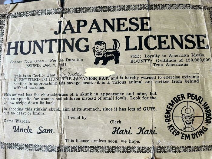 Antique hunting license mocking wartime propaganda, featuring exaggerated and offensive imagery.