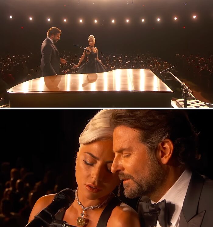 Two singers performing at a piano during an awards show, capturing a scandalous moment with emotional intensity.