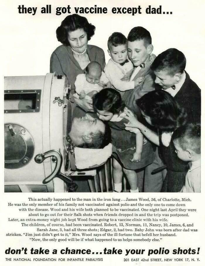 Family gathered around father in iron lung due to polio, highlighting importance of vaccination.