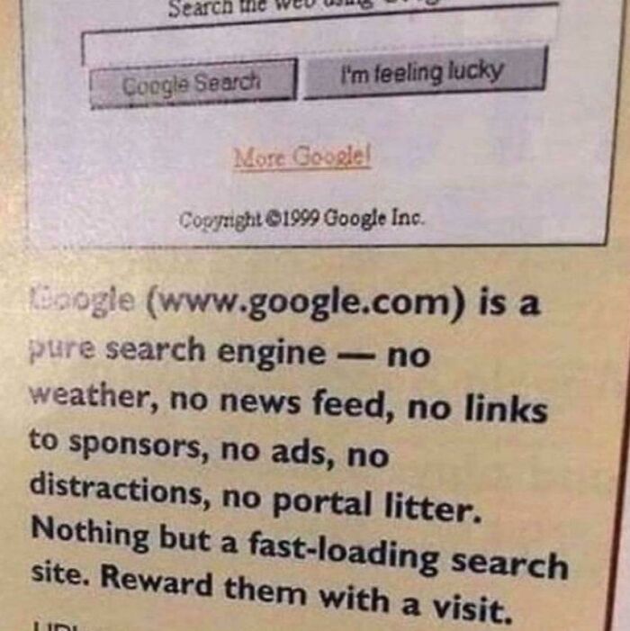 Google in 1999, described as a pure search engine without ads or distractions, highlighting its simplicity.