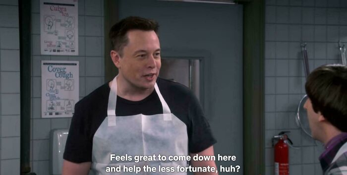 Man in apron talking jokingly in a room, with a humorous caption about helping, reflecting on ridiculous situations.