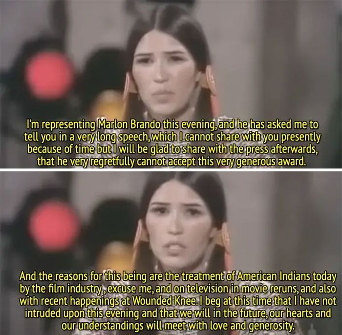 A woman at an awards show reads a speech about a refusal to accept an award due to social issues, causing a scandalous moment.