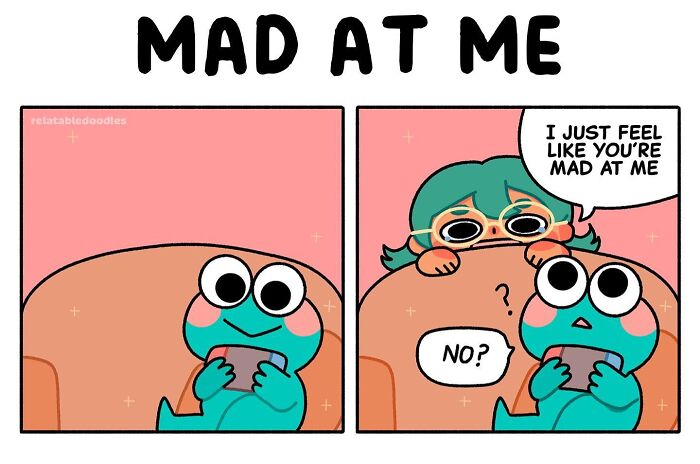 Comic strip by Relatable Doodles, featuring a relatable scene of two characters discussing feelings.