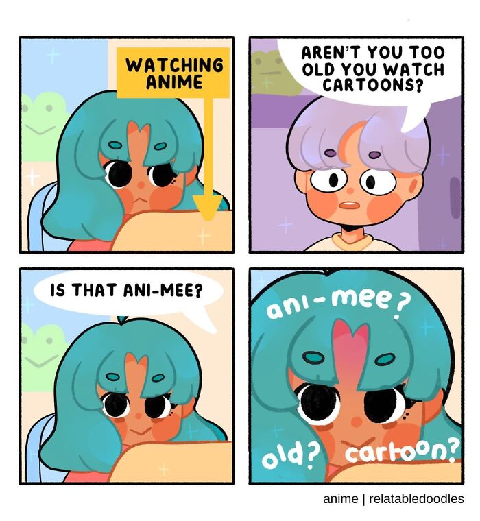Comic by Relatable Doodles artist about watching anime and questioning age appropriateness for cartoons.
