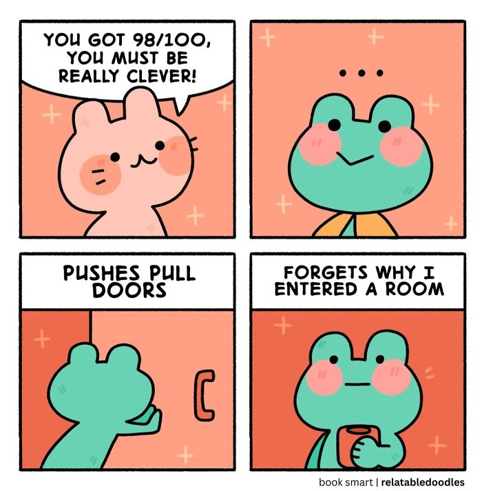 Relatable comics by Relatable Doodles showing a character's cleverness and silly everyday struggles.