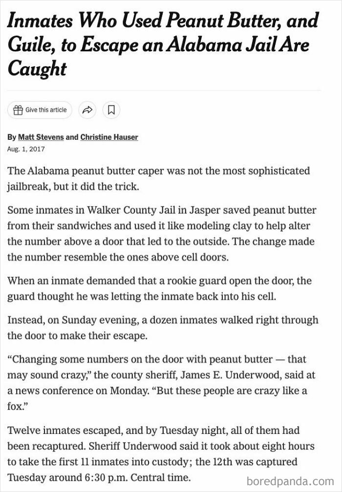 Newspaper article about inmates using peanut butter for a jailbreak in Alabama, highlighting clever system manipulation.