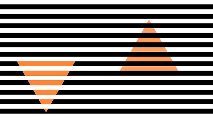 Orange triangles in optical illusion, obscured by horizontal black and white lines.