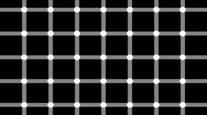 Optical illusion with intersecting gray lines on a black grid, creating the appearance of black dots.